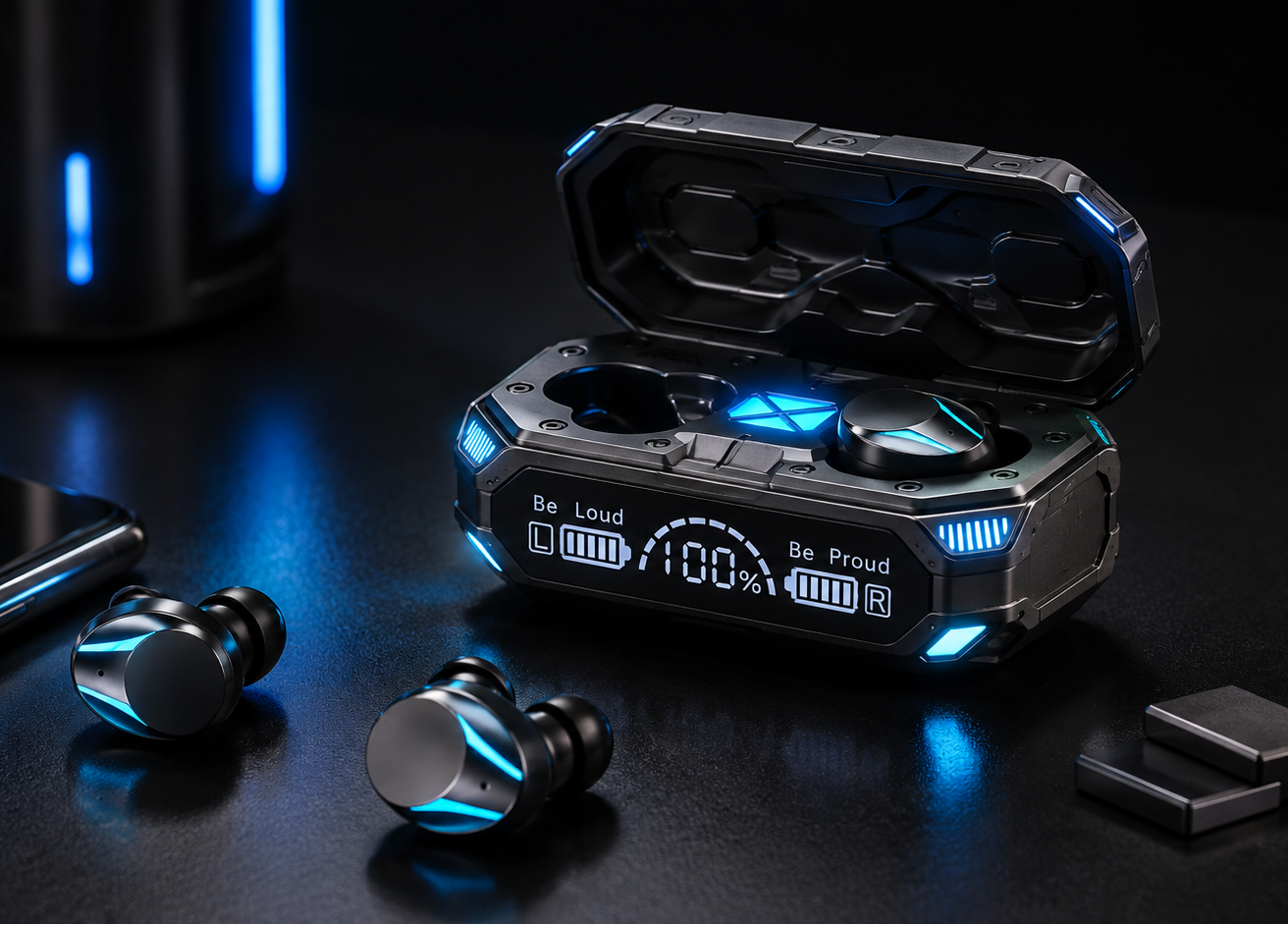 A pair of sleek, dark gray true wireless earbuds with glowing blue LED accents, displayed alongside their open charging case on a dark surface. The case features a digital battery display and is set against a dark background with subtle blue lighting.