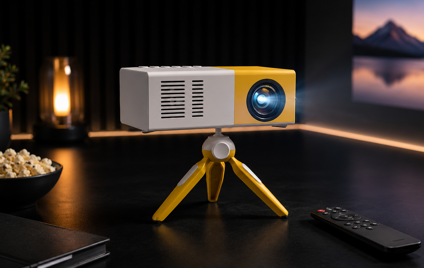 A compact portable projector on a yellow tripod stand, shown on a dark tabletop with a remote control, popcorn bowl, and warm ambient lights in a dim room. The projector has a white body with a yellow front panel and lens housing.
